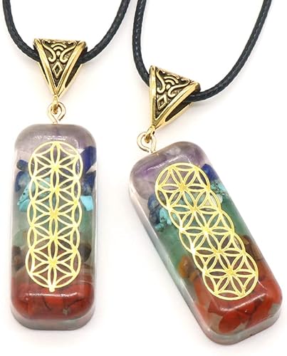 Miniatura 6 de LHJ 4 colgantes de piedra natural con forma de rectángulo de siete chakras, piedra rodada, resina de reiki, símbolo de cobre, dijes para meditación