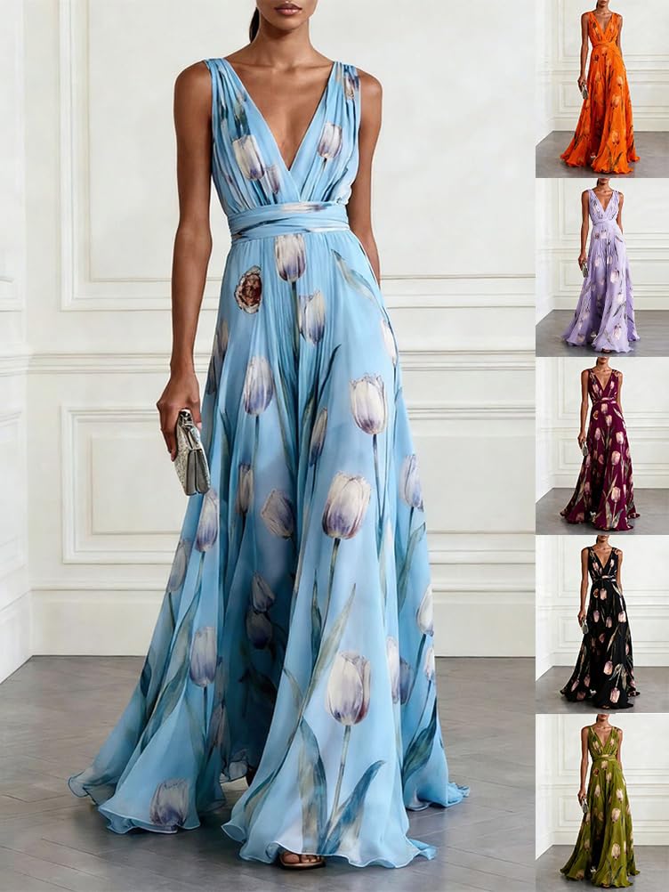 Onsoyours Donna Abito da Sera Casual Elegante Senza Maniche Scollo A V Lunghi Vestito Stampa A-Linea Cocktail Vestiti Vita Alta Maxi Abiti Cerimonia