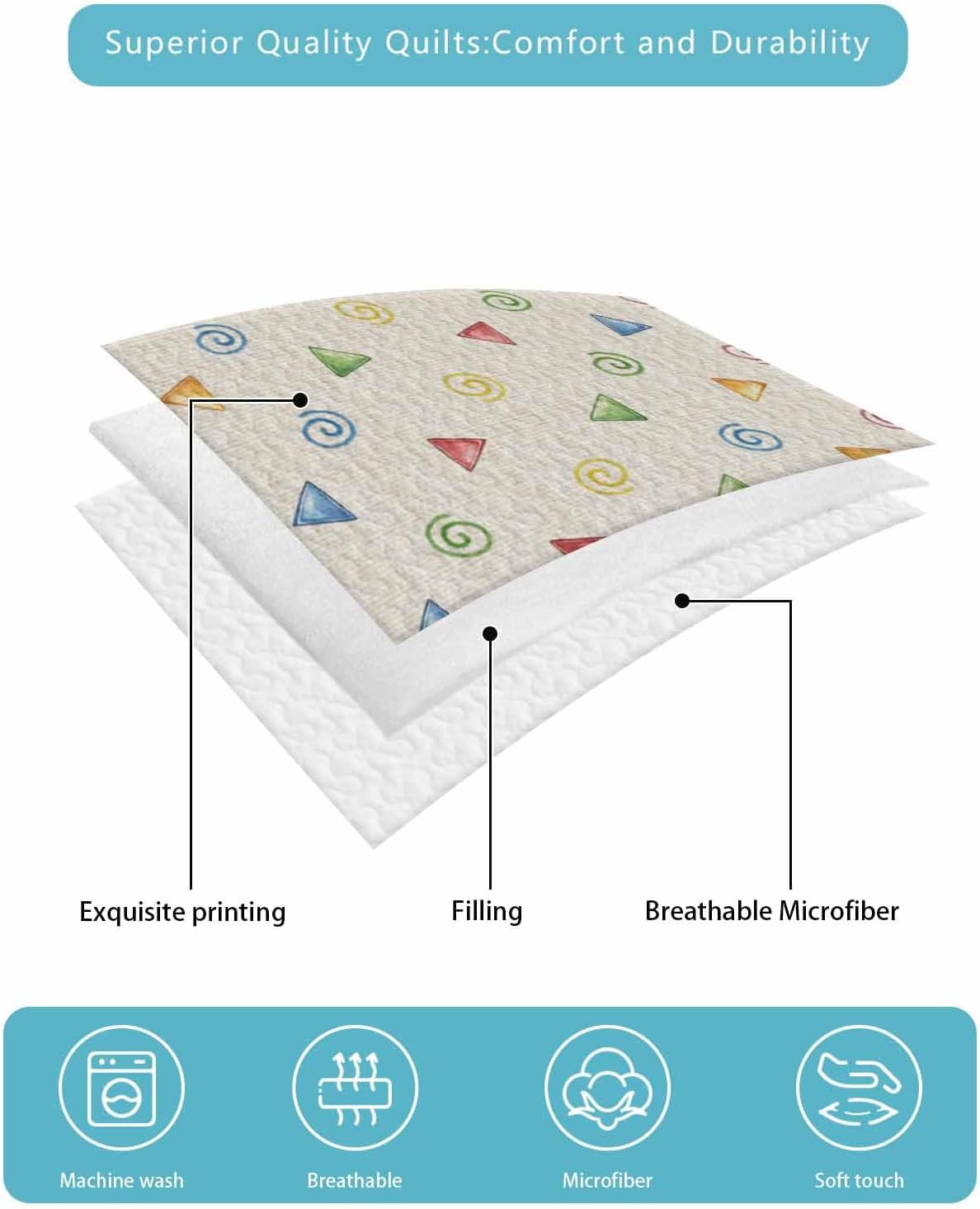 Twin XL Quilt Set,Childlike Colored Pencils Burlap Lightweight Soft Microfiber Summer Bedspread Coverlet with 2 Pillow Shams,Watercolor Triangle Swirling 3 Piece Bedding Set for All Seasons