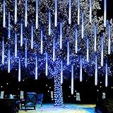 Dazzle Bright 288 LED Christmas Light, 11.8 Inch Meteor Shower Rain Lights with 8 Tubes，Waterproof Plug in Falling Rain Lights Christmas Decorations for Xmas Bushes Tree Yard Party, Blue and White