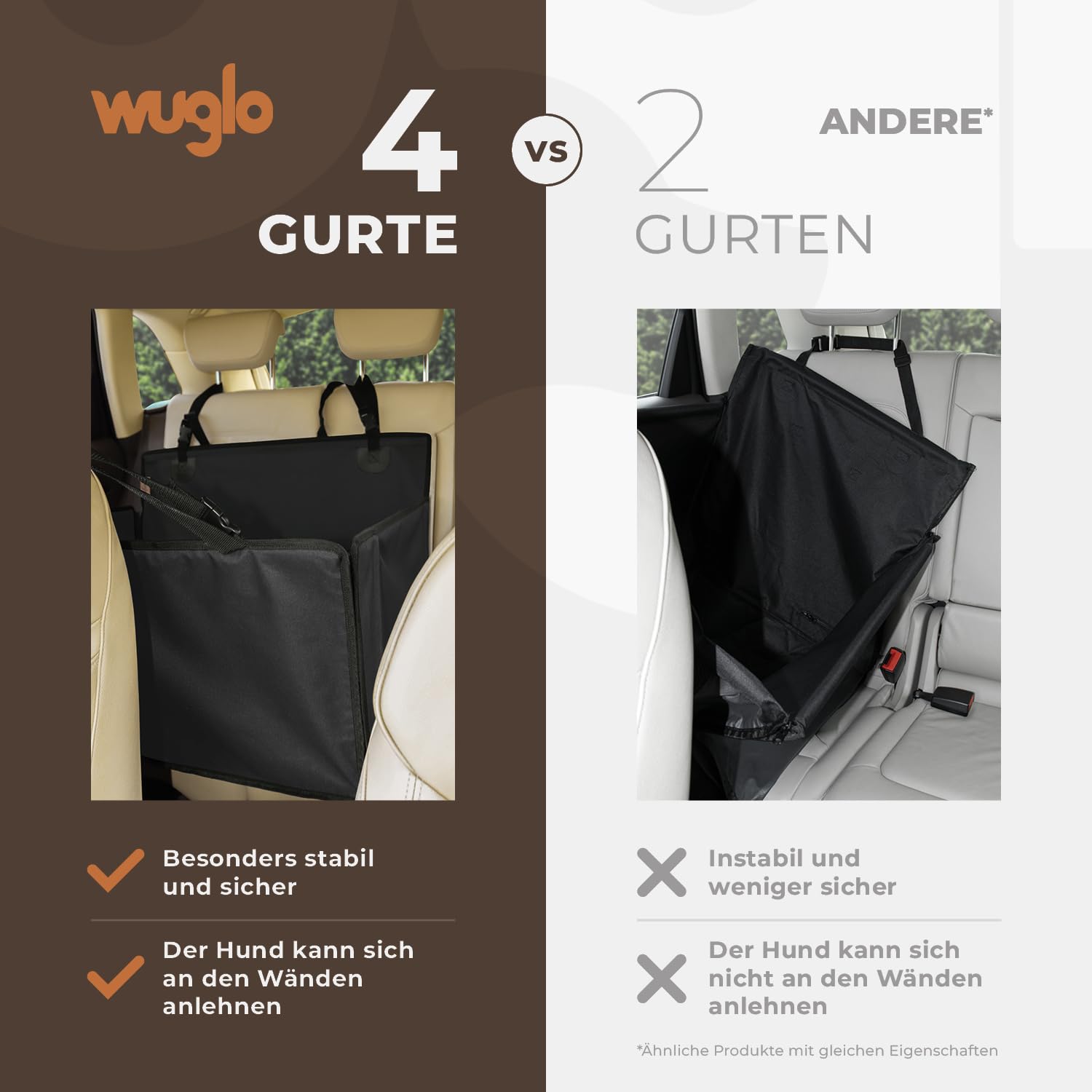 WUGLO Extra Stabiler Hunde Autositz mit Sicherheitsgurt – Wasserdichter und Robuster Autositz Hund für den Rücksitz mit 4 Befestigungsgurten, geeignet für große Hunde bis 26 kg