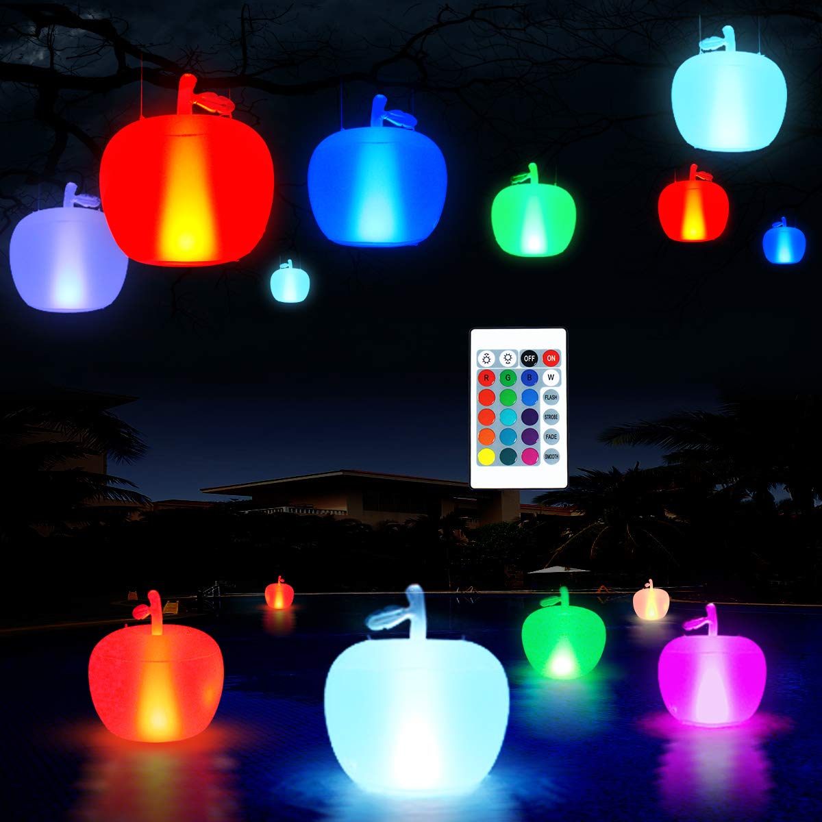 SUNSHINE-MALL LED Floating Pool Light Inflatable Ball with Remote Control, 16 RGB Colors Waterproof Outdoor Decor, Portable and Hangable, Night Light for Garden,Backyard,Party(Apple 40x33cm)