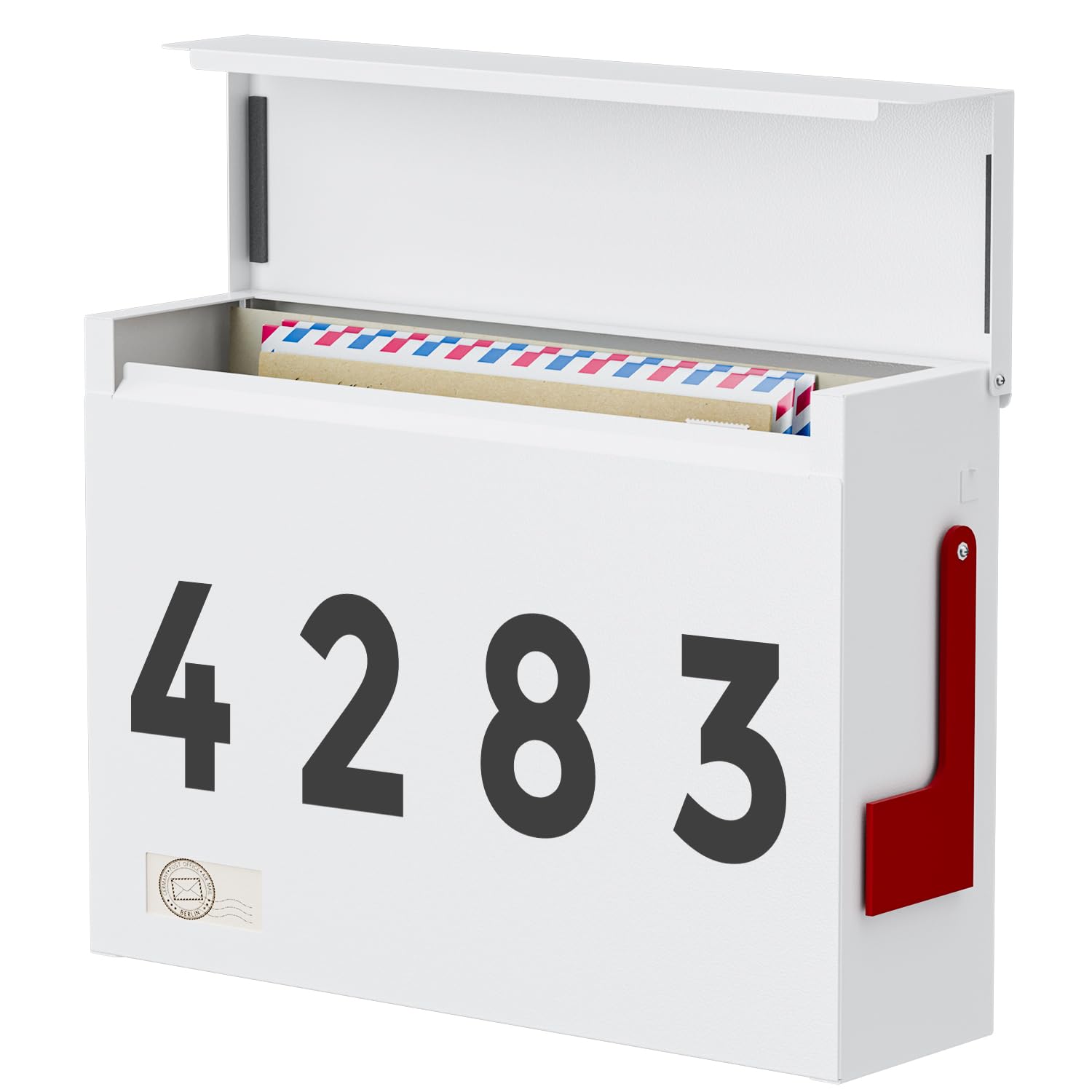 Modern Mailboxes for Outside, Metal Wall Mount Mailbox, with One Flag Kit and Three Sets of Mailbox Number Stickers, 3.9" D×14.2" W×10.2" H, Rust Resistant Coating Mail Boxes for House, White