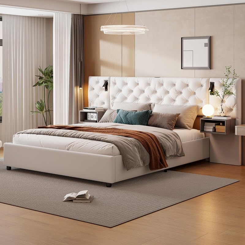 Cama 160x200 con 2 Mesillas de Noche,Carga USB y LED, cama Tapizada 160x200 con Cabecero grande,Camas Matrimoniales con Almacenamiento Hidráulico,Camas Juveniles Cama Doble con Somier,Sin Colchon