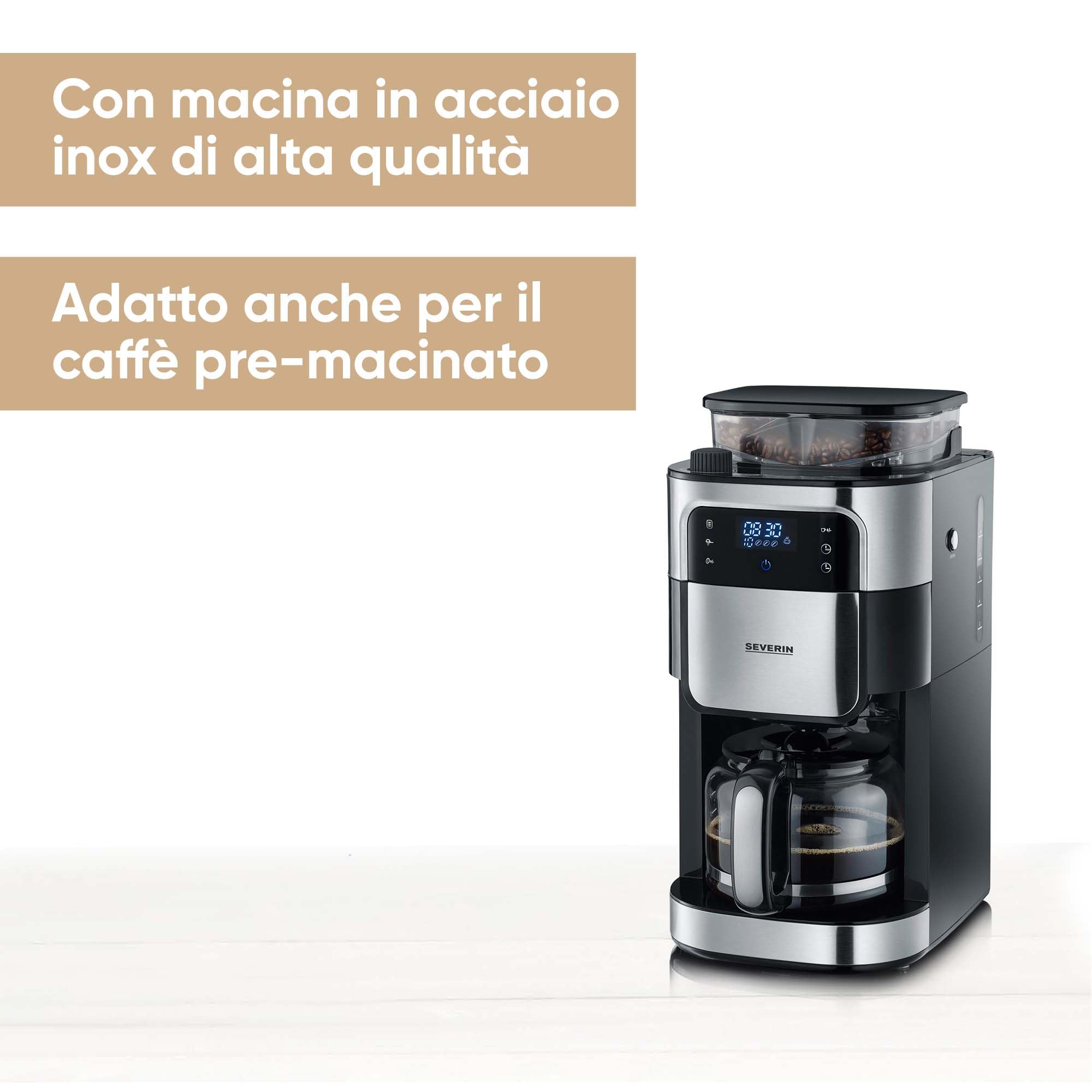 SEVERIN KA 4813 - Macchina da caffè con filtro in acciaio INOX, macinazione fine e grado di macinazione selezionabile, 1000 W, fino a 10 tazze/ca. 1,25 l