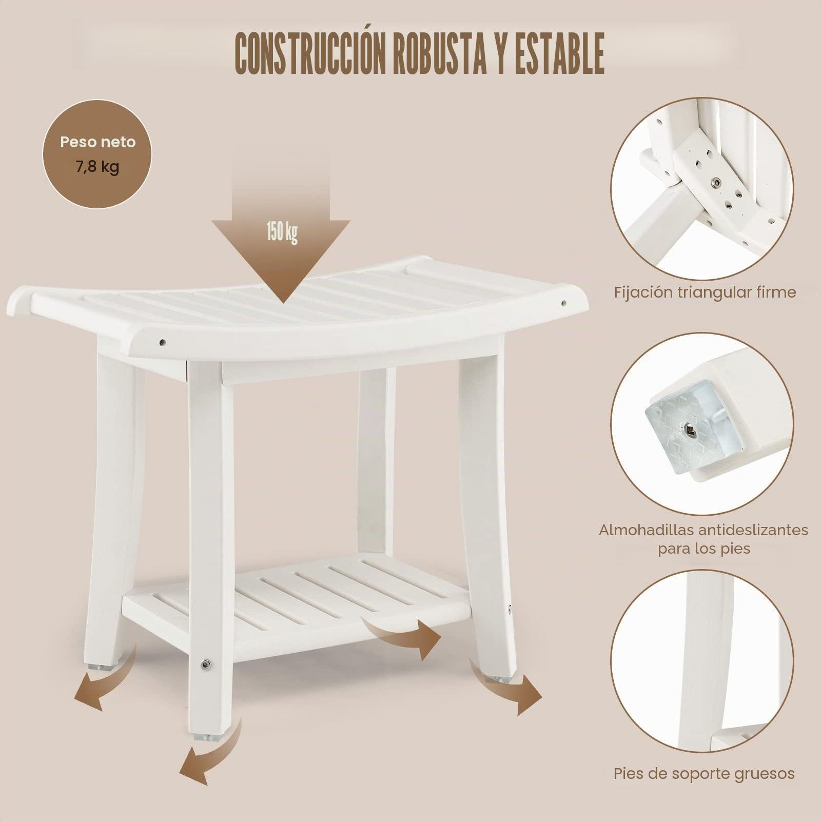 RELAX4LIFE Taburete de Baño Sólido de 2 Niveles, Banco de Ducha de HDPE Resistente al Agua con Toallero de Asiento Curvo, Taburete Bajo con Estante de Almacenamiento con Esquinas Redondeadas, Blanco
