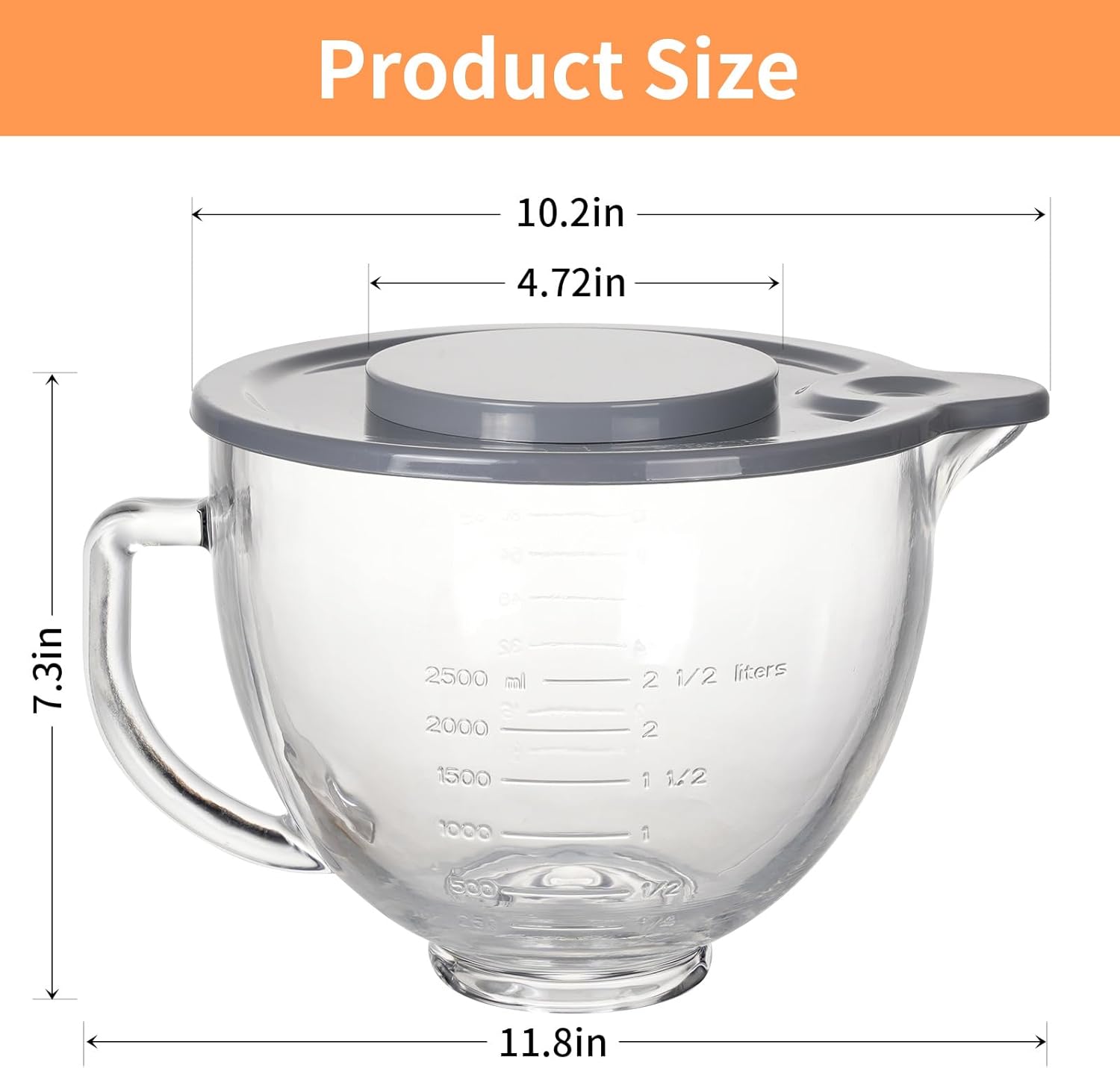 5QT Glass Bowl Compatible with KitchenAid 4.5 and 5-Quart Tilt Stand Mixers,Glass Mixing Bowl with Lid, Measurement Markers and Handle, Dishwasher Safe