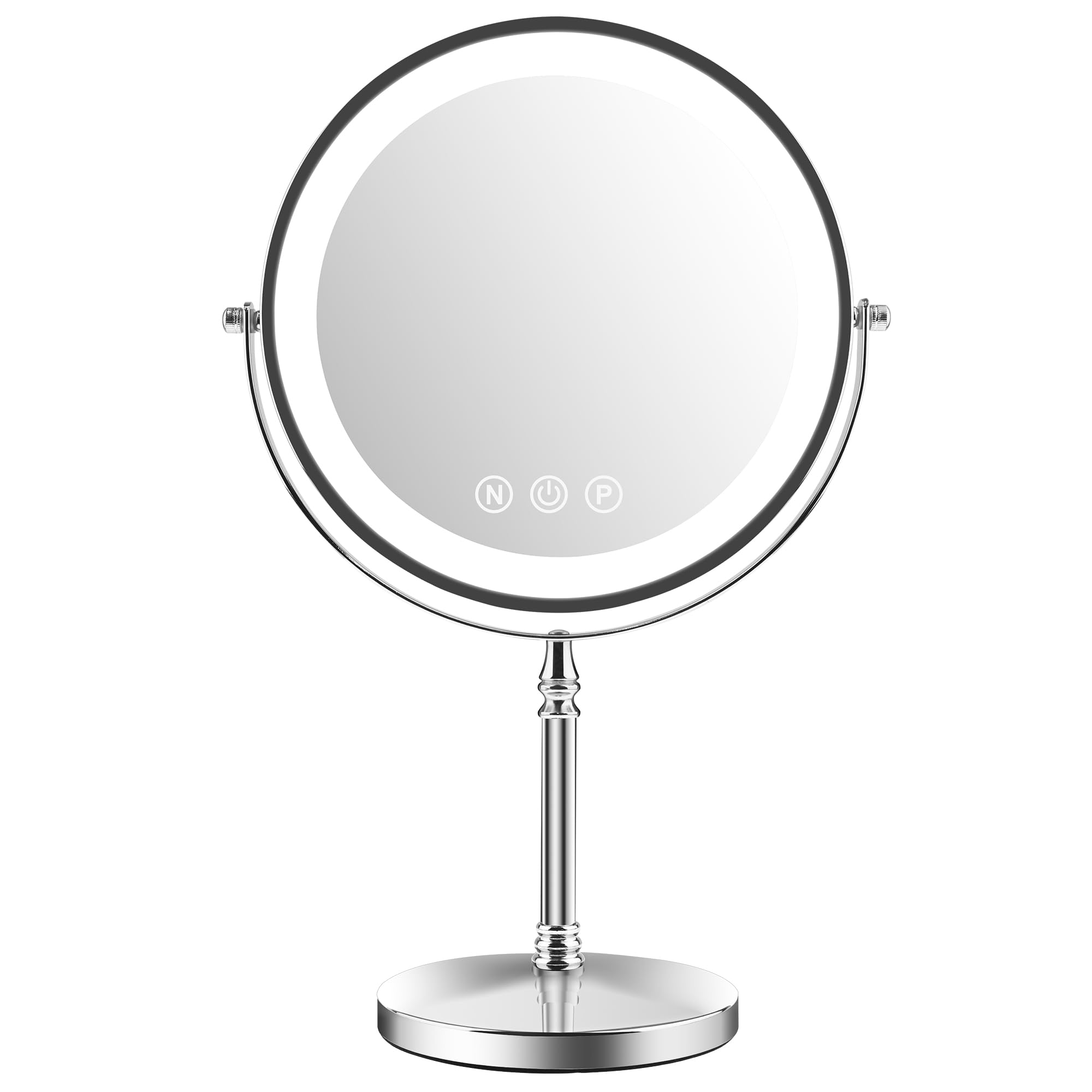 Espejo de maquillaje grande iluminado de 9 pulgadas, altura ajustable y 3 luces regulables de color, espejo de aumento 1X/10X con luz, 80 luces LED, rotación de 360°, espejo de tocador de