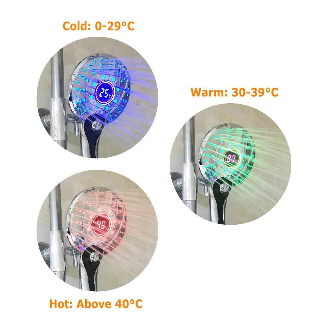 GuDoQi Słuchawka prysznicowa LED, 3 kolory, zmiana koloru, regulacja temperatury, 3 tryby strumienia, cyfrowy wskaźnik temperatury, rozmiar 13 cm, ciesz się prysznicem