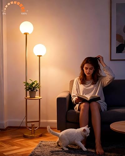 Miniatura 15 de Lightdot Lámparas de pie bohemias regulables para sala de estar, lámpara de pie de ratán de 3 luces con estantes, lámpara de pie de granja blanca