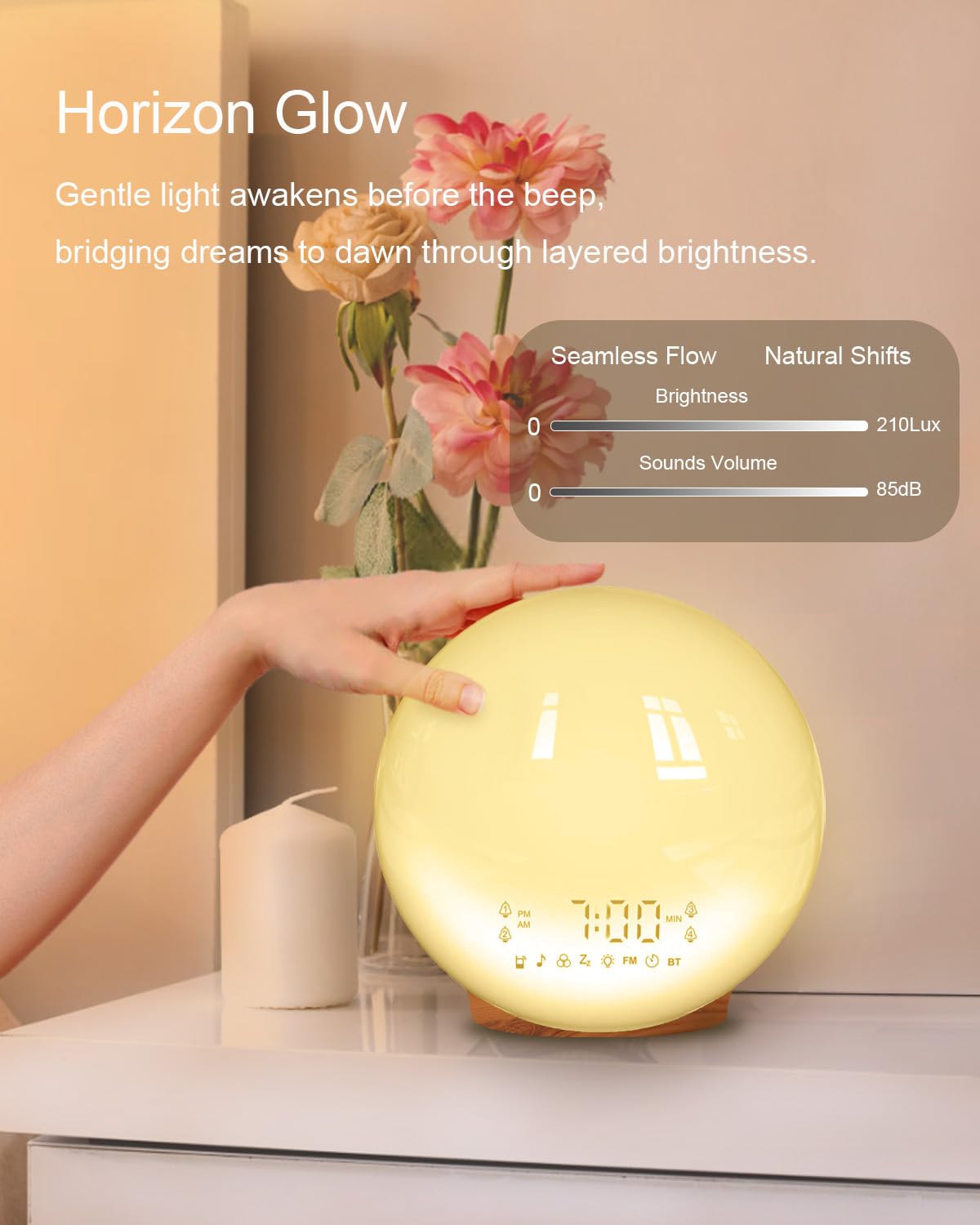 Reloj despertador inteligente con luz de amanecer y amanecer, simulación de amanecer, 4 alarmas, radio FM, grano de madera