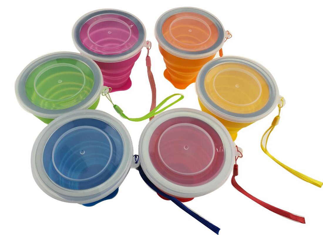 Winterworm Set di 6 tazze pieghevoli con coperchio, 170,1 g, in silicone, pieghevole, tazza da caffè, portatile, per campeggio, escursionismo, picnic