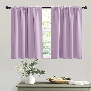 RYB HOME Small Kitchen Curtains, Room Darkening Drapes Energy Efficient Half Window Coverings Heavy Duty Solid Decor for Bedroom Bathroom Dining Room, W42 x L36 inches, Lilac, 2 Panels Set