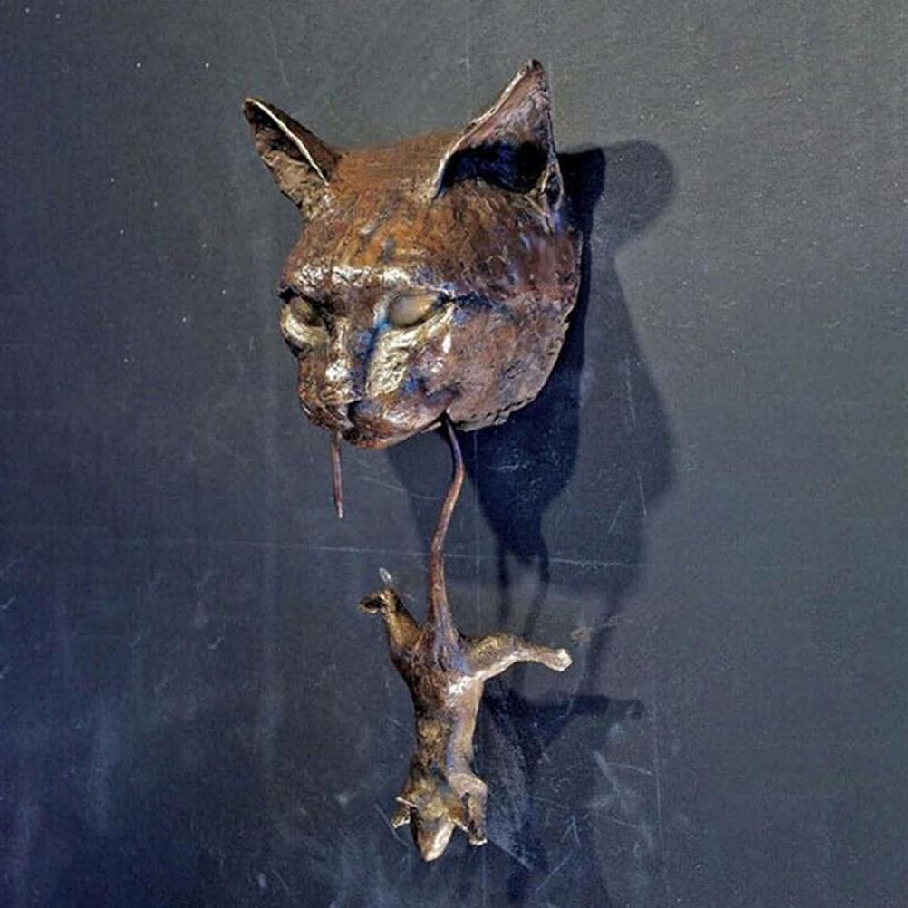HUSHUI Heurtoir de Porte, Sculpture de heurtoir de Porte de Chat Chat Attraper Souris Sculpture Murale Pendentif en résine pour Salon de Cour