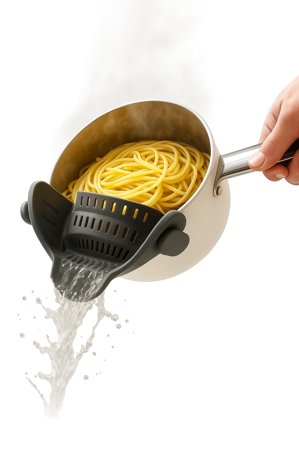 Colador de pasta con clip para ollas y sartenes, colador resistente al calor para verduras y fideos, diseño que ahorra espacio, sin BPA, apto para lavavajillas, ajuste universal (gris) 2