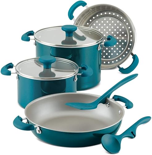 Rachael Ray Juego de utensilios de cocina de aluminio de 8 piezas, Teal Shimmer