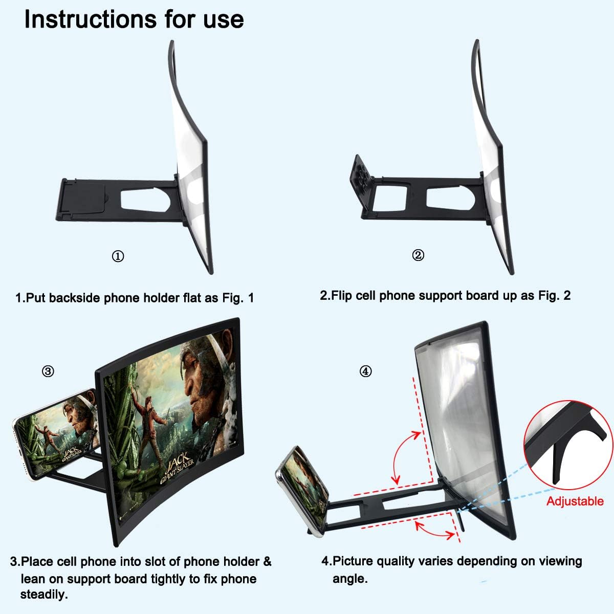 jteman 12'' Curved Screen Magnifier Mobile Phone 3D Magnifier Projector Screen for Movies, Videos, and Gaming Foldable Phone Stand with Screen Amplifier for iPhone,All Smartphones