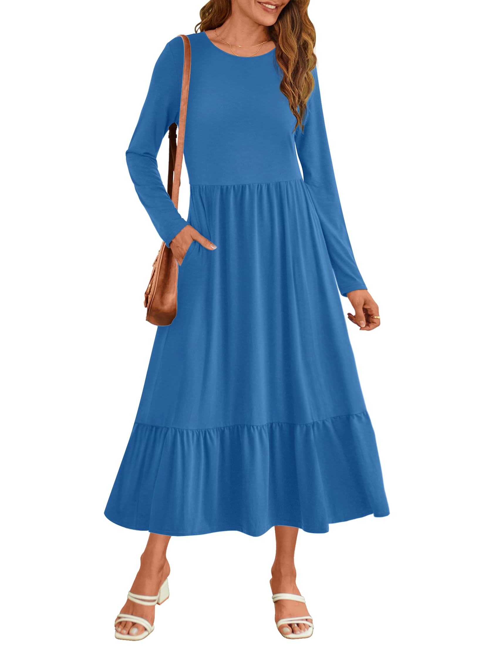 HAEOF Womens 2023 Fall Dress Casual Long Sleeve Midi Dress Asymmetric Tiered Pleated A Line Flowy Long Dresses
