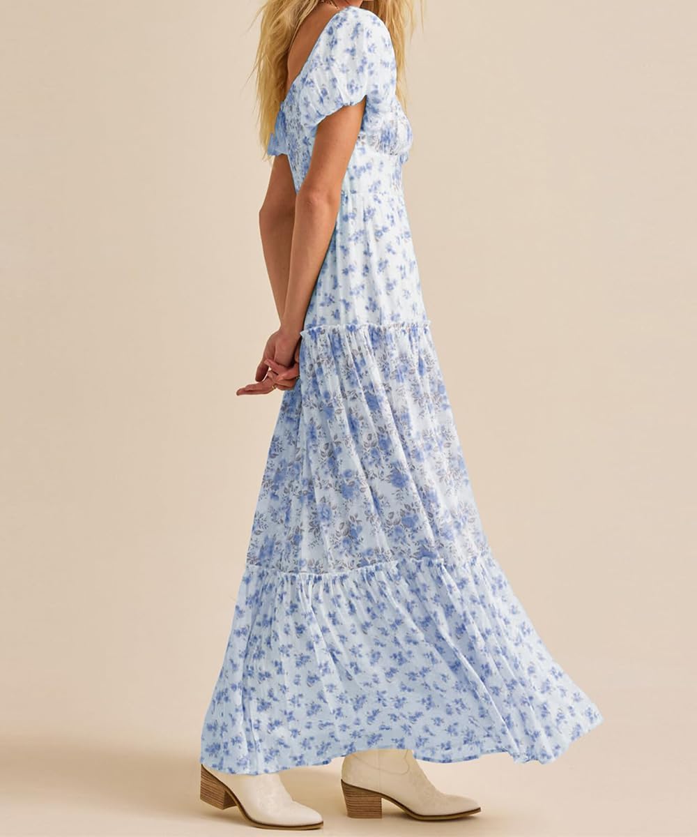 Women Summer Floral Maxi Dress Patchwork Puff Short Sleeve V Neck Sundress Flowy Tiered Garden Boho Long Dress - Image 3