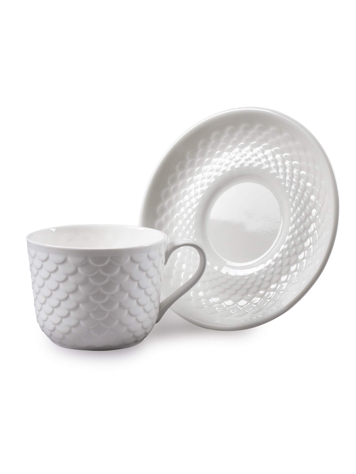 Clay Craft Basics Ripple Style White Plain Cup & Saucer Set of 12 Pcs- 8 Ounce Specialty Tea Drinks,Coffee,Latte - Image 2 thumbnail