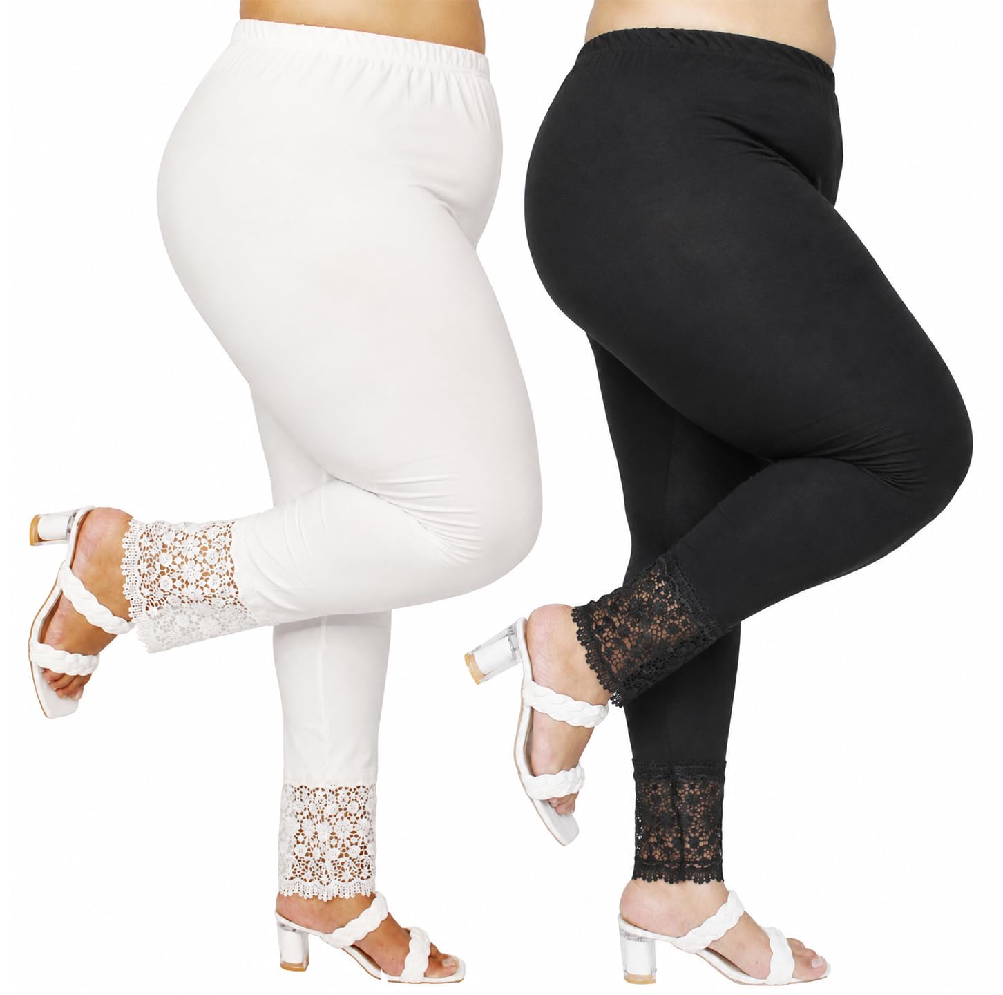 Women's Plus Size Lace Hem Leggings, Black & Navy Blue-image-24