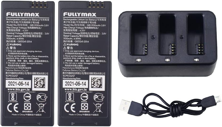 Fytoo for Tello Four-axis Aircraft Spare Parts Remote Control Drone 2PCS 3.8V 1100mah Lithium Battery with 3 in 1 Charger Black