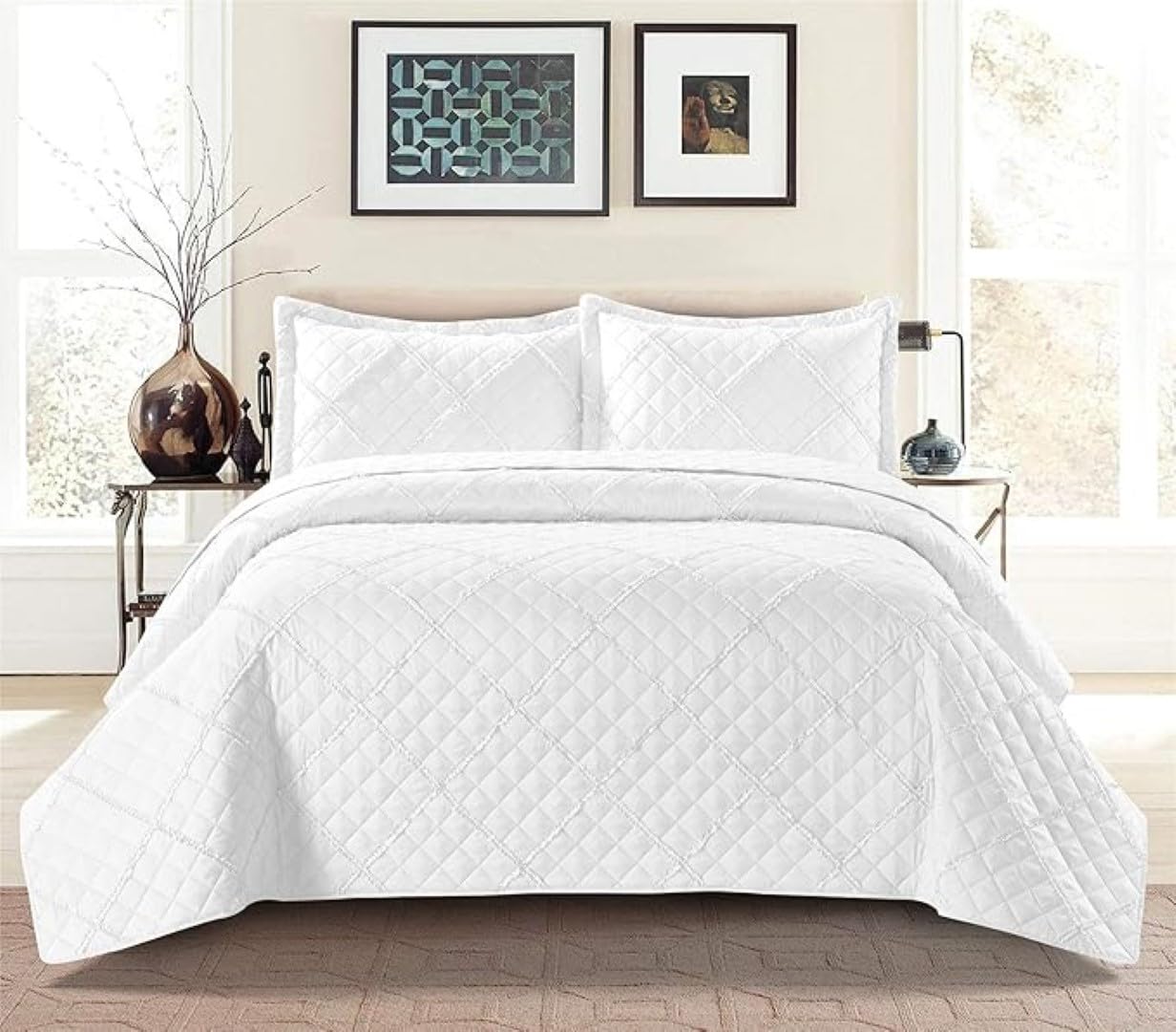 PRIME LINENS Quilted Bedspread Embossed Pattern Comforter Coverlet Ruffle Bedding Set Bed Throw With 2 Pillow Shams (Ruffle White, Double)