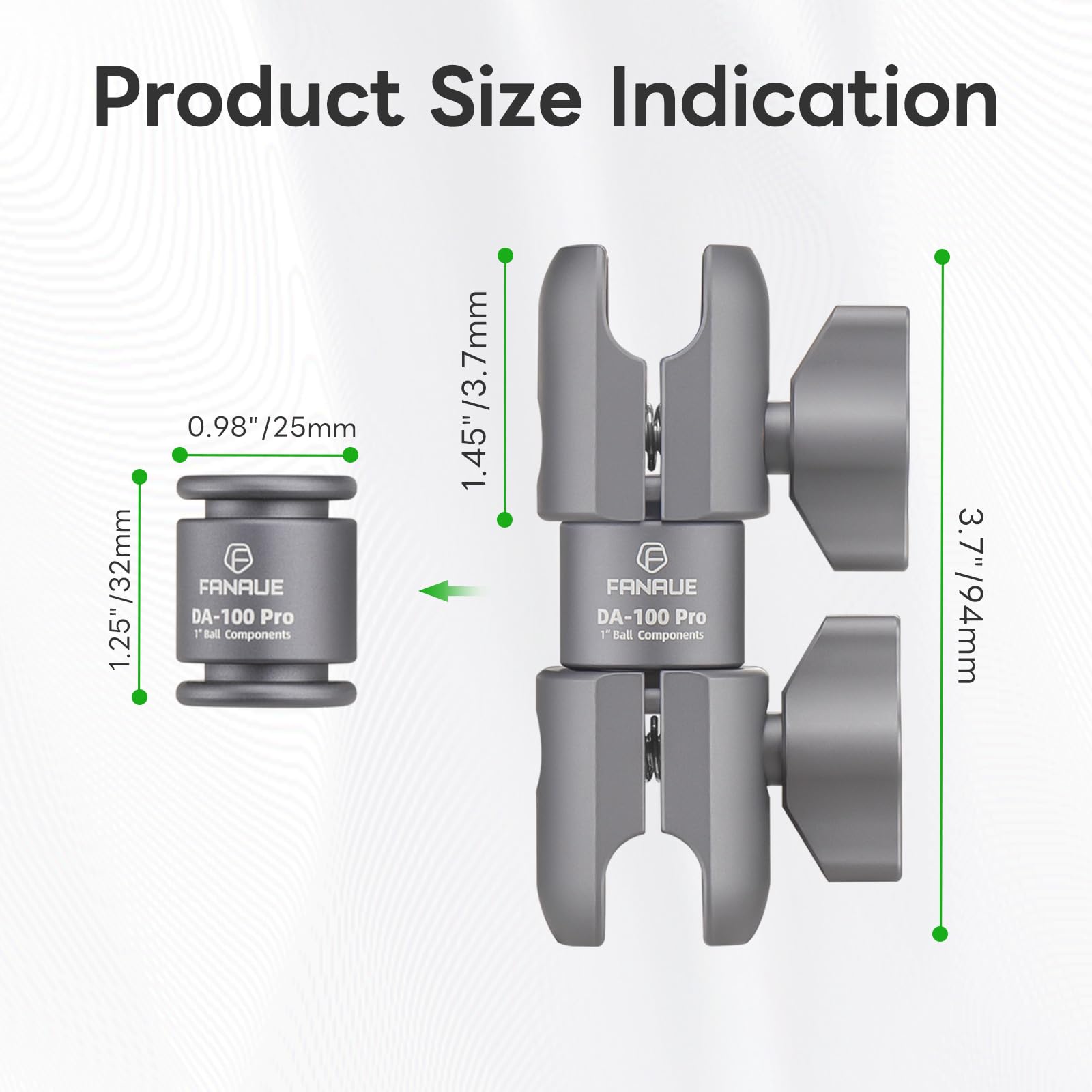 FANAUE Braccio girevole a doppio giunto, in Alluminio, Compatibile con Adattatori RAM Mounts di Dimensione B/Sfera da 1 Pollice. Lunghezza del Braccio di 94 mm (DA-100pro)