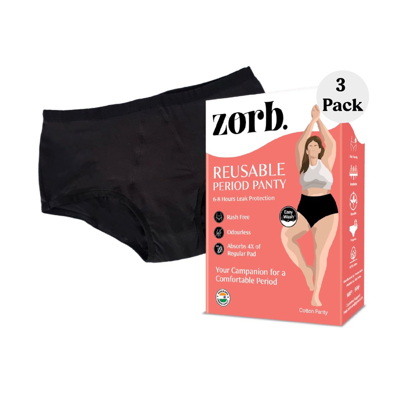 Zorb. Reusable Period Panty for Women | Comfortable Period Panties for Women Leak Proof | Absorbs Heavy Flow 4X of Sanitary Pad Black, XL (PO3) (B0D12K8D81) Amazon Price History, Amazon Price Tracker