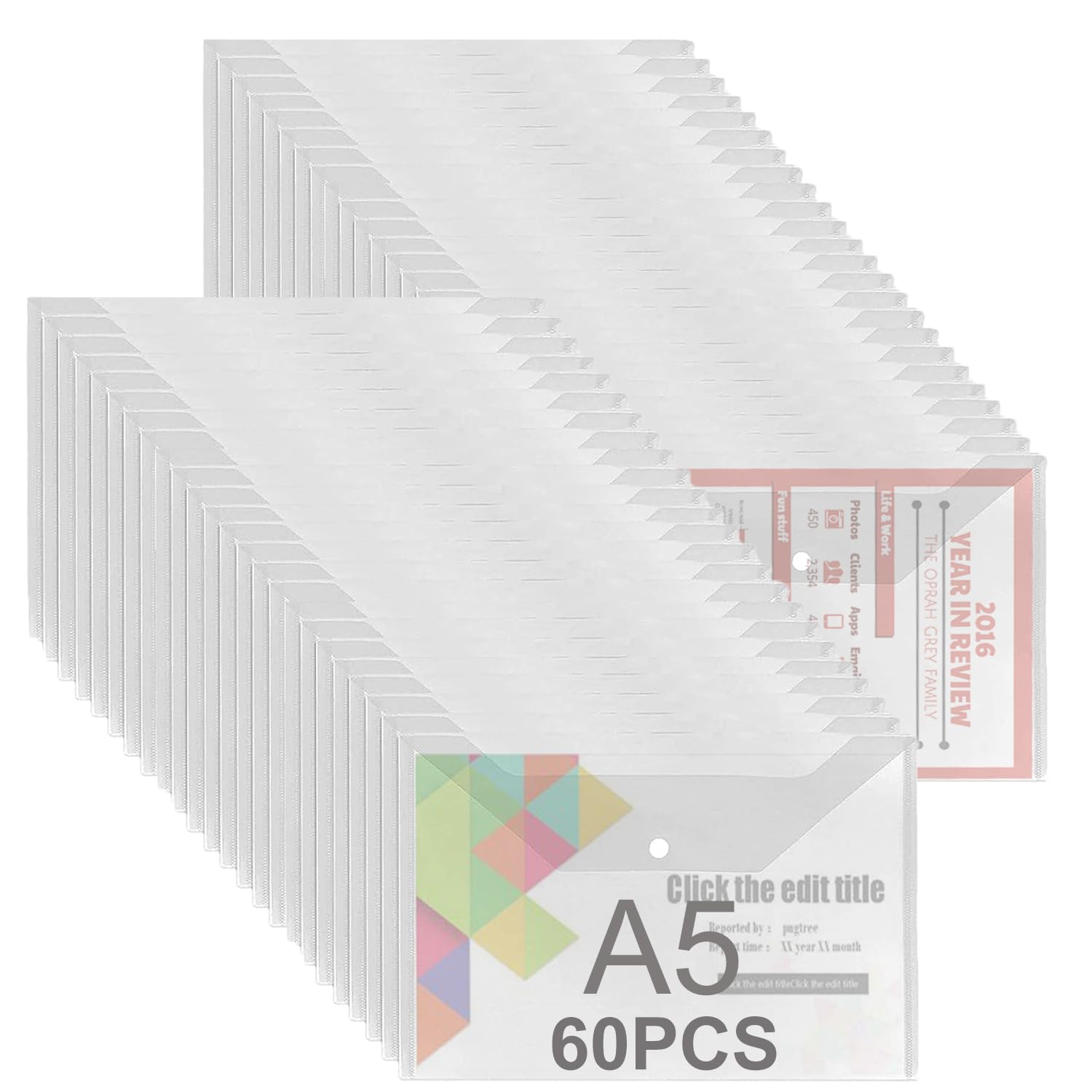 ASelected Lot de 60 Pochette Plastique A5, Transparente Pochette avec Rabat, Pochettes à Bouton Pression A5 Porte Document - 235×170 MM