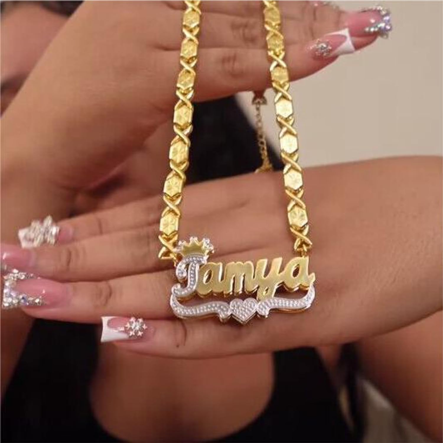BlingSparkle ダブルメッキ ネームプレート ネームネックレス カスタムハートネックレス パーソナライズ ツートーン ゴー
