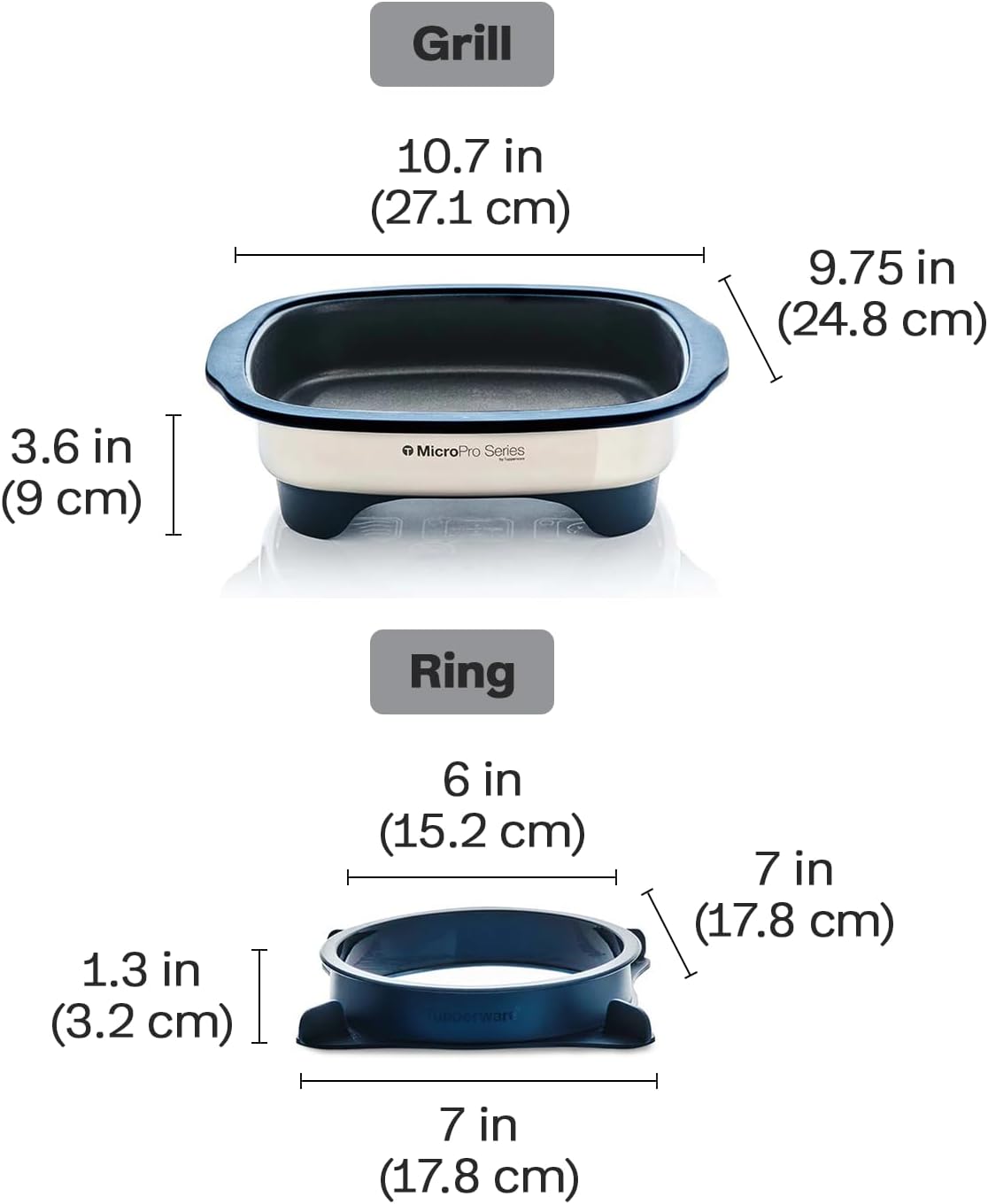 Tupperware MicroPro Grill and Pro Ring with detailed dimensions