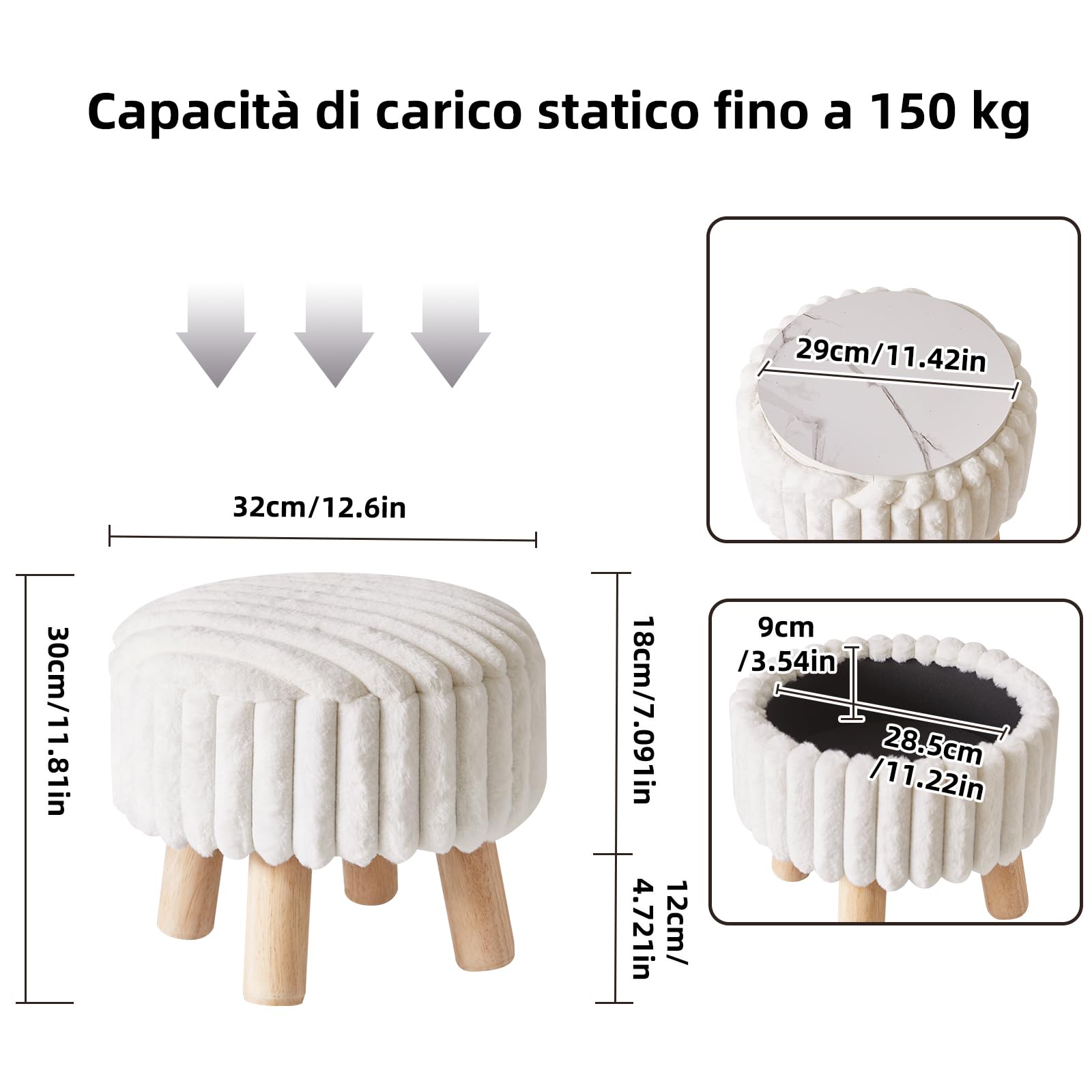 Aibiju Pouf Piccolo con Contenitore, Pouf Rotondo in Velluto con Gambe in Legno, Tavolino, Poggiapiedi, Seduta Extra per Ingresso, Soggiorno, Camera da Letto, Bianco YD-JD153W