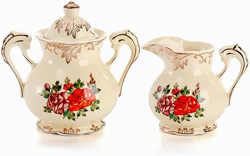 ZENFUN Juego de azúcar y crema de cerámica, jarra de crema floral vintage y cuenco de azúcar con tapa y asas, juego de servir café para regalo,