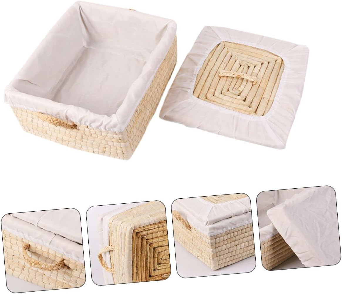 Straw Woven Bread and Egg Basket with Lid, 25x30x14cm Insulated Food Storage Basket for Home Kitchen Dining and Bun Serving