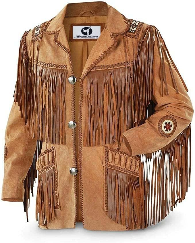 100% Real Suede Western Style Leather Jacket for Sale Native American Coat Fringe (L, Design 2)