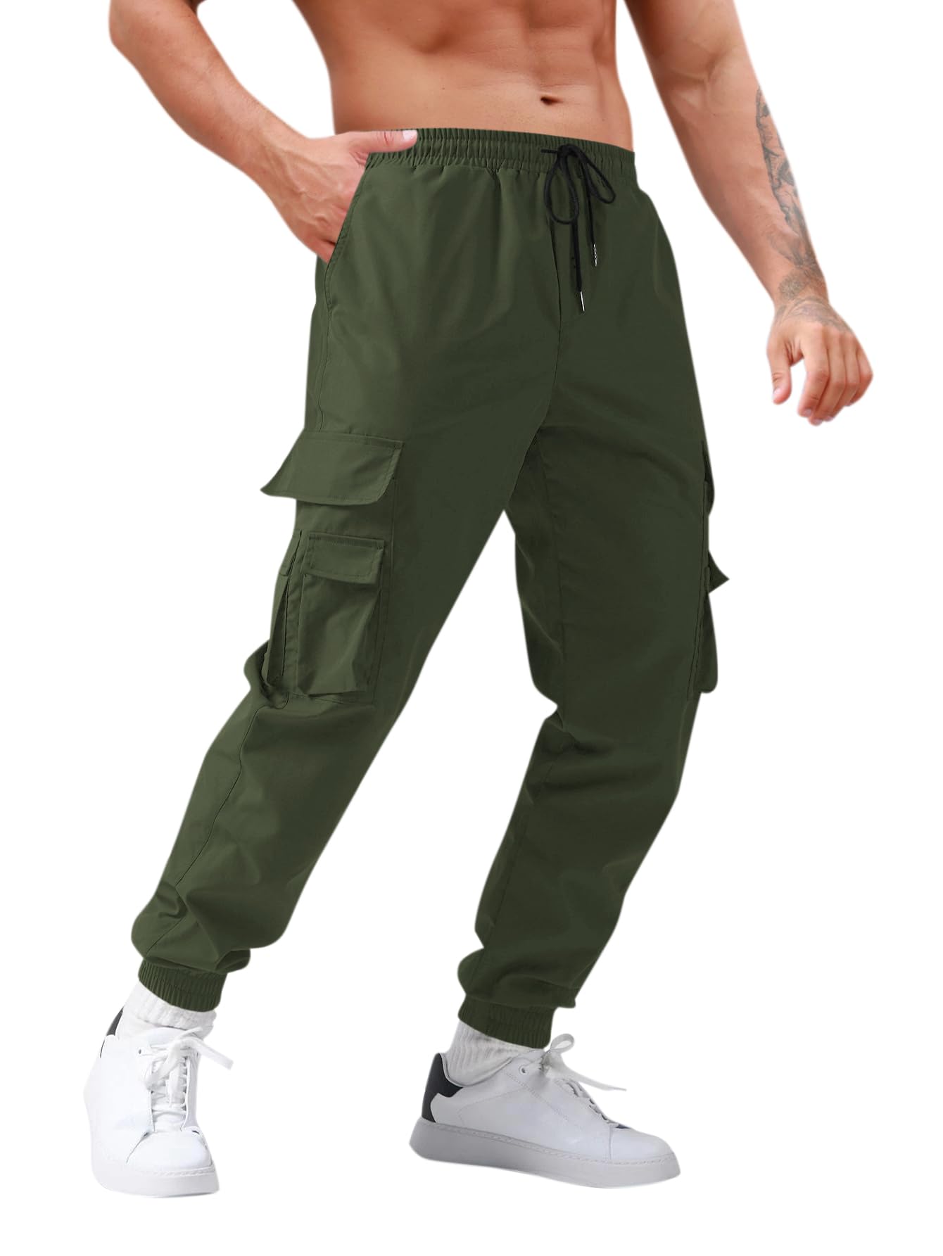 PASLTER Mens Cargo Pants Flap Pockets Casual Drawstring Elastic Waist Sport Hiking Jogger Sweatpants for Men