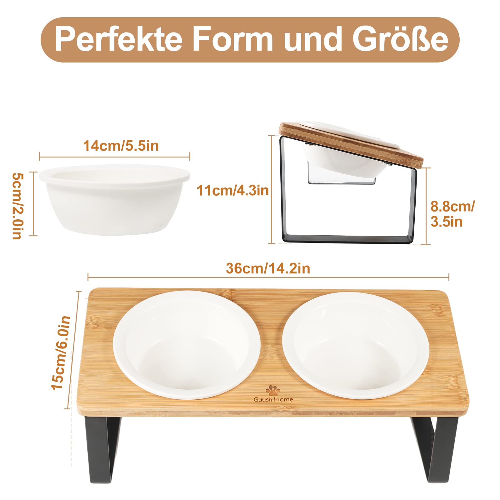 GUUSII HOME Erhöhter Futternapf für Katzen, gegen Erbrechen, 15°, geneigt, Futternapf für Katzen, mit 2 Keramikschüsseln mit 14 cm Durchmesser (Holz)