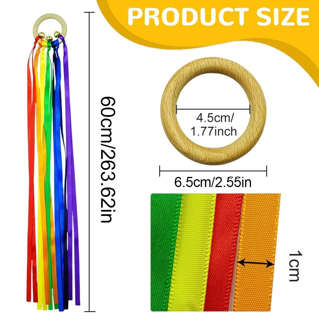KRFWGUU Set De 2 Sonajeros Arcoíris De Madera Con Cintas De Colores, Juguete Sensorial Para Bebés De 0 A 24 Meses
