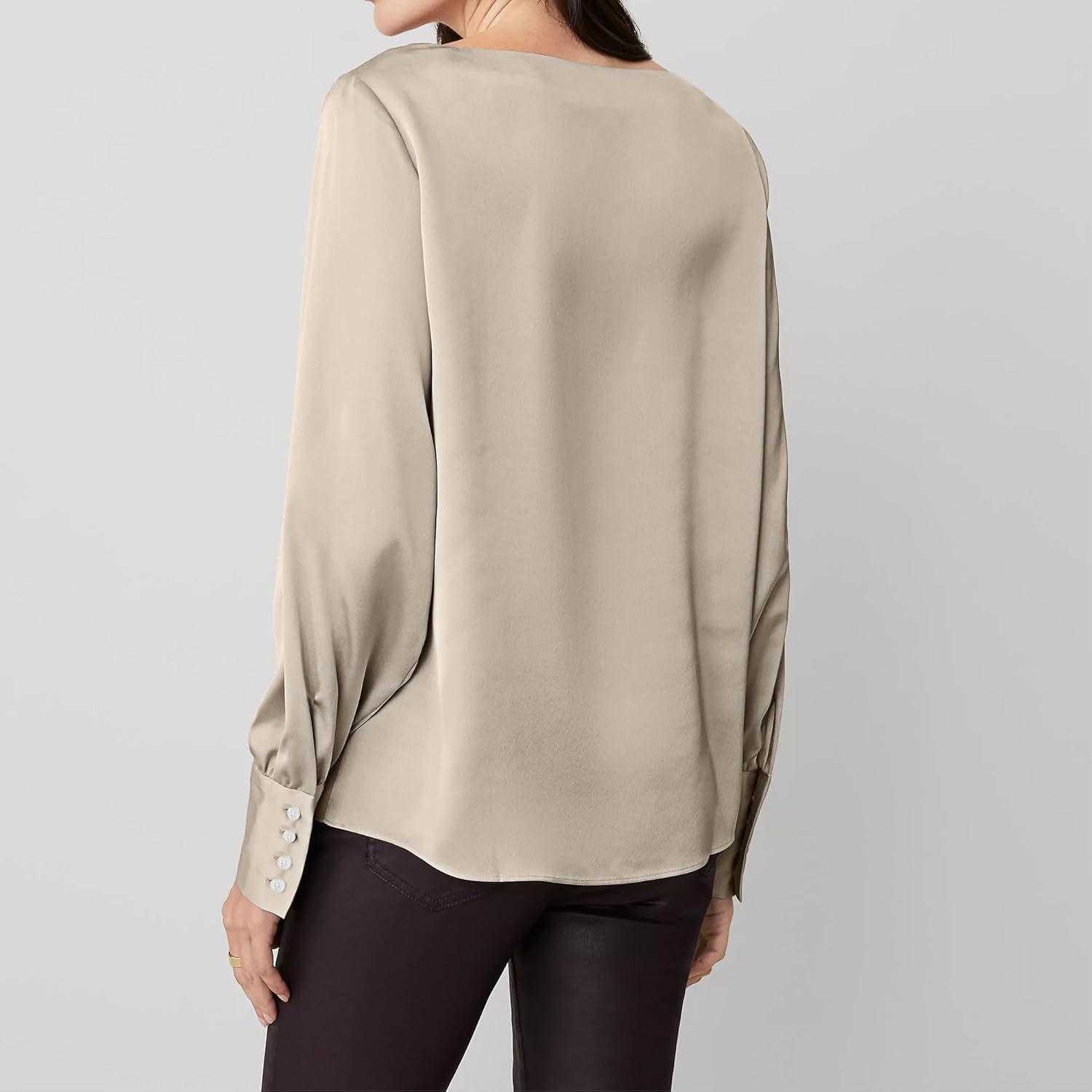 SUNNOW Womens Light Mink Crew Neck Blouse Satin Long Sleeves Top Office Work Business Casual Shirt - Image 3