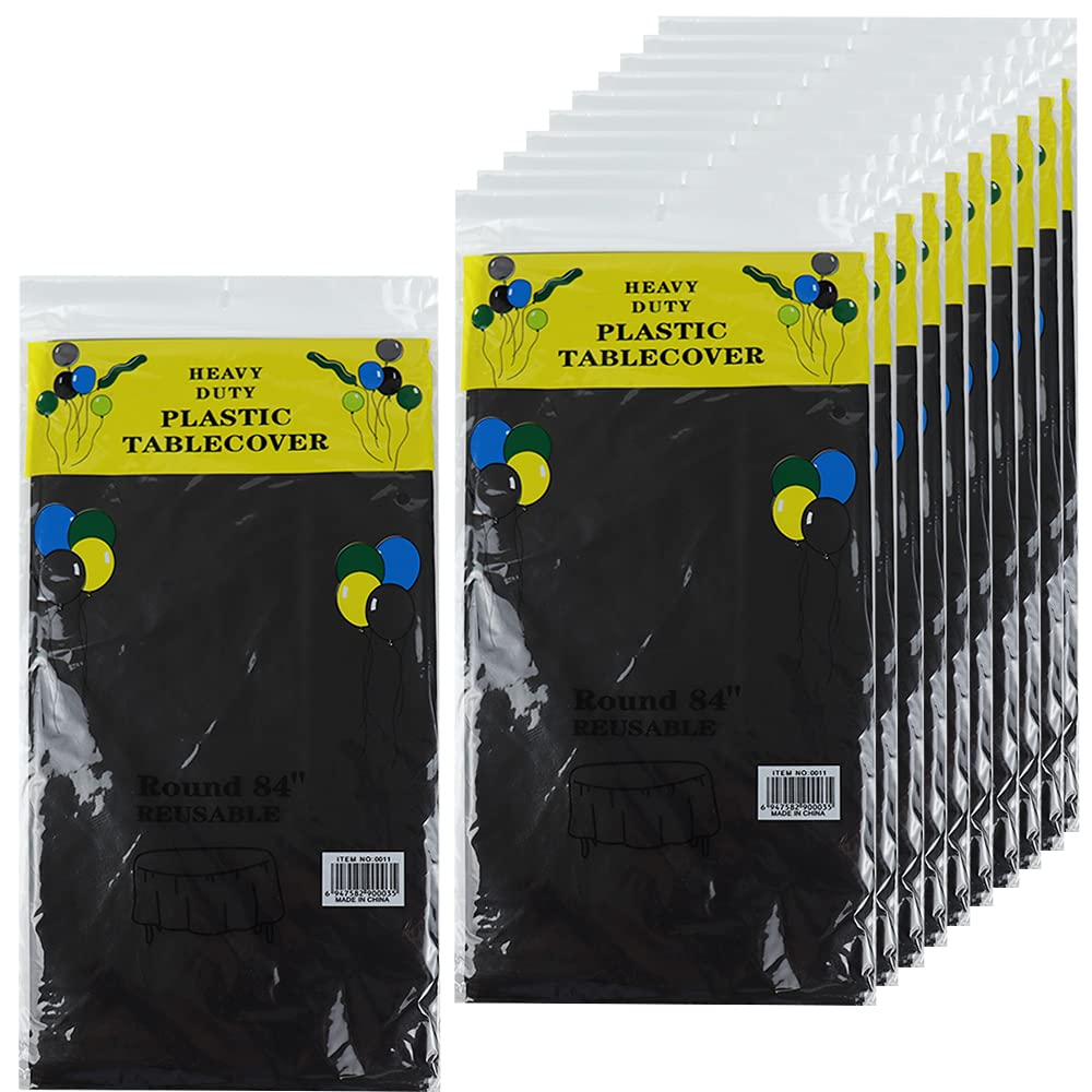 10-Pack Premium Plastic Tablecloth 84" Inch Round Tablecloths -BPA- Free Plastic,Dining Table Cover Cloth Rectangle for Parties, Picnic, Camping and Outdoor, Disposable or Reusable (Black)