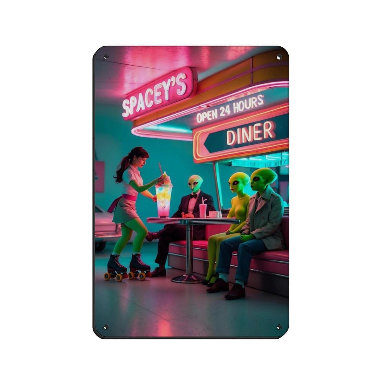 Retro Space Diner Neon Art Retro Poster Metal Tin Sign Chic Art Retro Iron Painting Bar People Cave Cafe Family Garage Poster Wall Decoration 8x12inch(20x30cm)