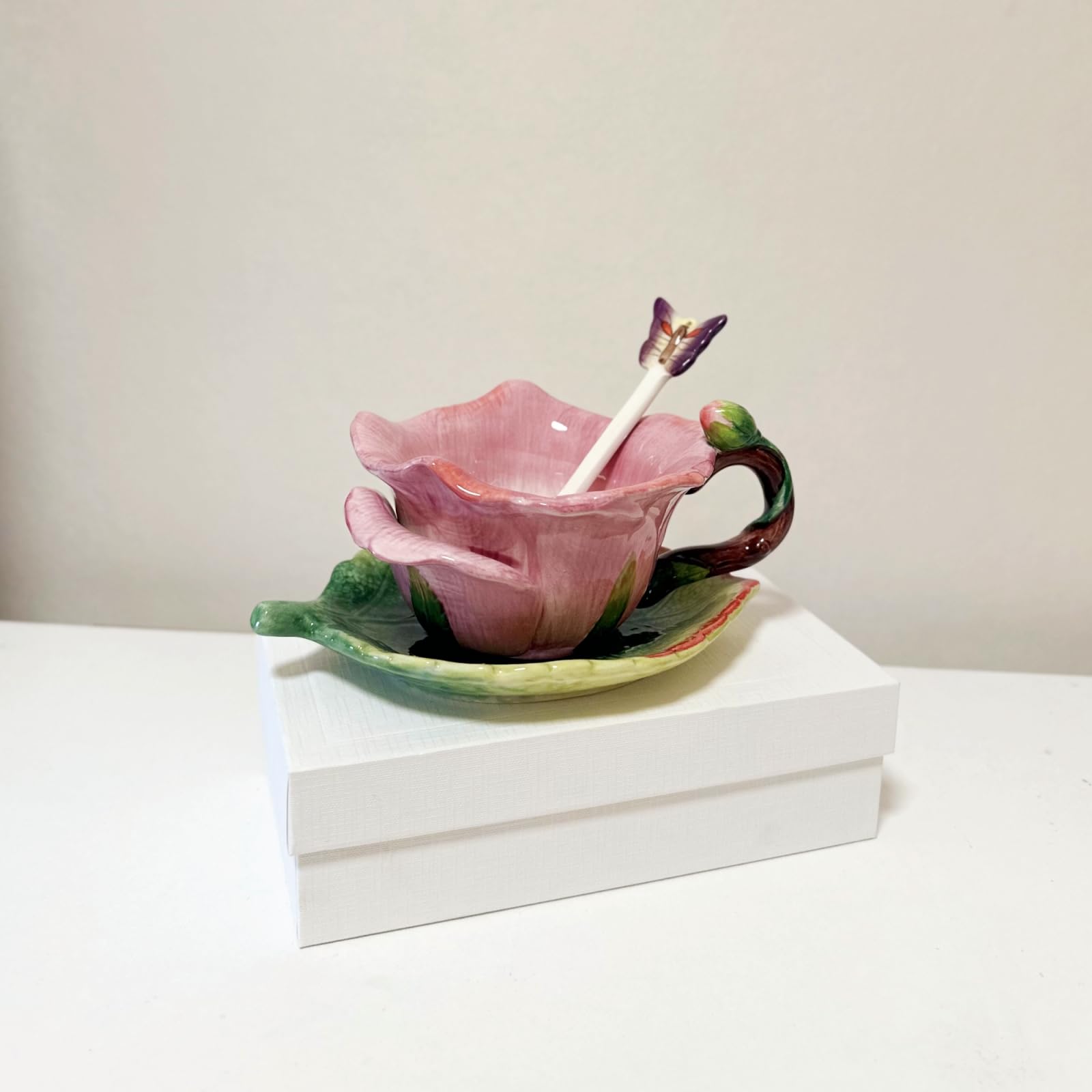 Ensemble tasse à thé et soucoupe en céramique, 177 ml, motif fleur et feuille de lotus peintes à la main, cadeau pour femme, rose foncé