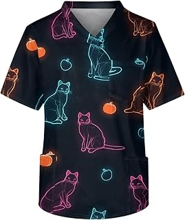 Halloween Cute Scrubs for Men Cat Pumpkin Printed Scrub Tops Plus Size V-Neck Short Sleeve Funny Medical Workwear