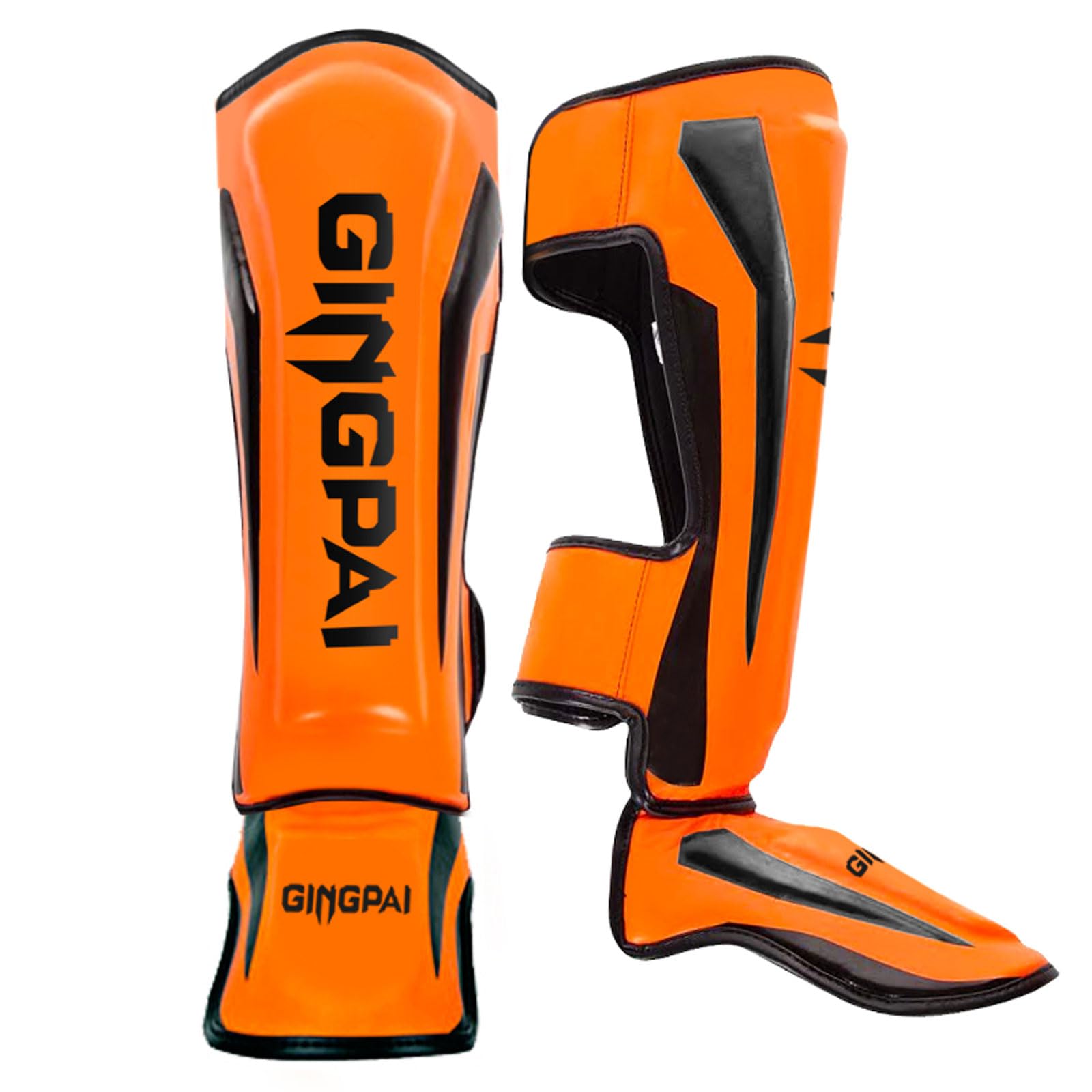 UNBOSTEN Espinilleras Kick Boxing Muay Thai,Cuero PU Resistente al desgarro，Espinilla Empeine Protección Pads, MMA Shin Pierna Guardia para Sparring Boxeo BJJ Kárate Entrenamiento-Orange||L