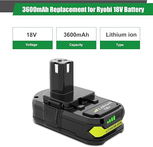 Miniatura 2 de Paquete de 2 baterías de repuesto de 3600 mAh P102 P108 para Ryobi de 18 V, 3.6 Ah, compatible con Ryobi batería de litio P103 P104 P105 P107 P109