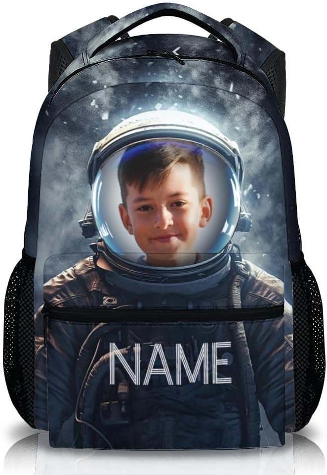 Personalized Boys Backpack for School, 17" Cute Planet Backpack for Kids, Custom Black Large Capacity Solar System Lightweight Bookbag for Preschool Student