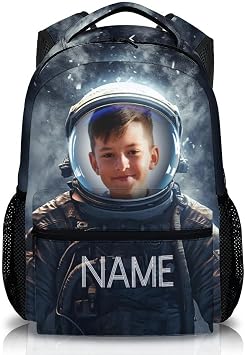 Custom Kids School Backpack for Preschool - Cute Astronaut Bookbag for Boys - Personalized Name & Photo Space Backpacks - 17" Large Capacity Black Lightweight Schoolbag