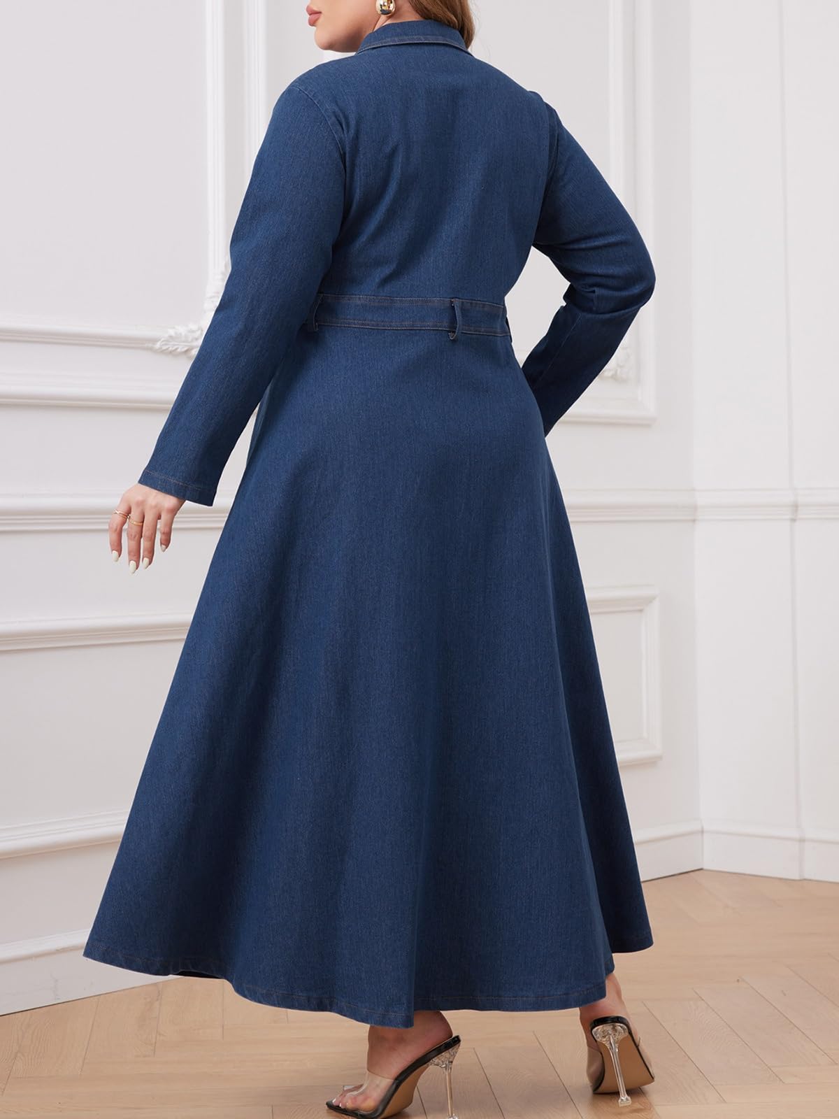 Vestido largo de mezclilla de manga larga, cuello con botones en la cintura, cinturón, acampanado, vestido de mezclilla