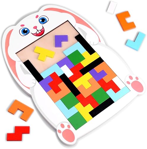 Miniatura 2 de VKTEN Conejito de Pascua Bloques de madera Puzzle Cerebro Teasers Juguete Tangram Jigsaw Inteligencia Tetris Juego STEM Montessori Juguetes Cesta de
